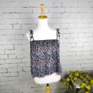 Elan Leaf Print Tie Strap Raw Hem Top In Black Size Large